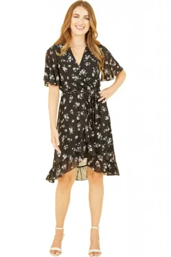 Mini Dresses^Mela London Floral Frill Wrap Dress Black