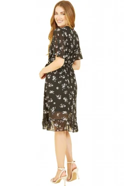 Mini Dresses^Mela London Floral Frill Wrap Dress Black