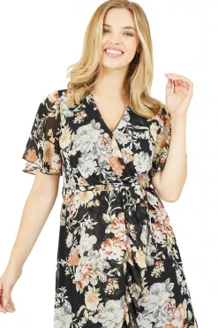 Mini Dresses^Mela London Floral High Low Wrap Dress Black