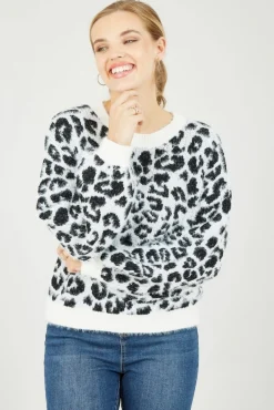 Jumpers^Mela London Leopard Knitted Fluffy Jumper Black