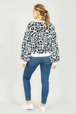 Jumpers^Mela London Leopard Knitted Fluffy Jumper Black