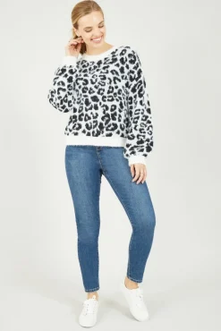 Jumpers^Mela London Leopard Knitted Fluffy Jumper Black