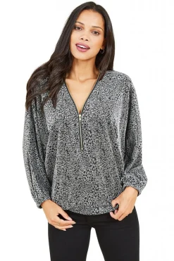 Blouses^Mela London Leopard Zip Top Silver