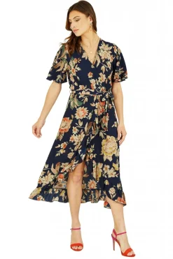 Midi Dresses^Mela London Navy Winter Floral Wrap Midi Dress Blue