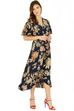 Midi Dresses^Mela London Navy Winter Floral Wrap Midi Dress Blue