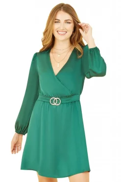 Mini Dresses^Mela London Satin Wrap Dress With Long Sleeves Green