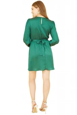 Mini Dresses^Mela London Satin Wrap Dress With Long Sleeves Green