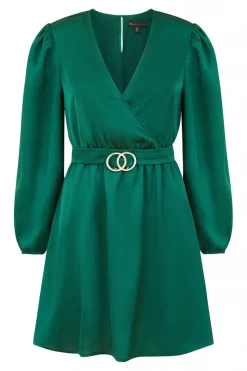 Mini Dresses^Mela London Satin Wrap Dress With Long Sleeves Green
