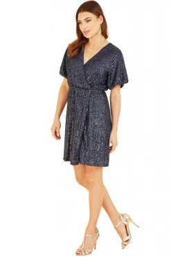 Mini Dresses^Mela London Sequin Kimono Sleeve Wrap Dress Navy