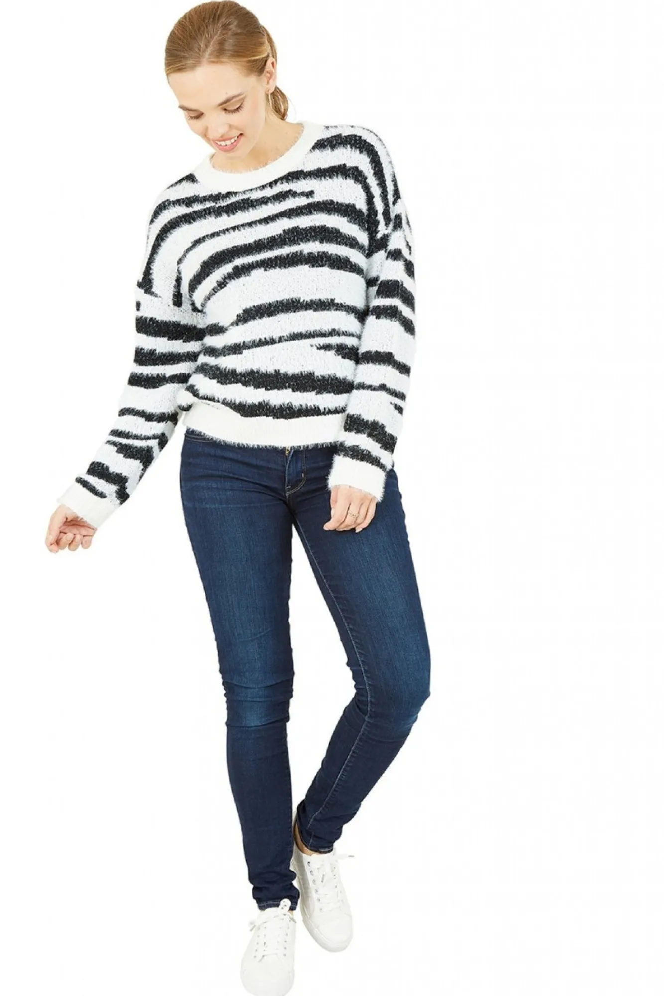 Jumpers^Mela London Zebra Knitted Fluffy Jumper Black