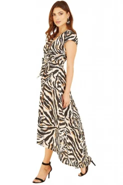 Midi Dresses^Mela London Zebra Print Dipped Hem Wrap Dress Black