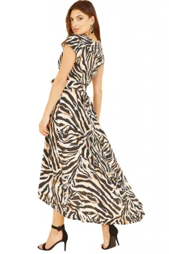 Midi Dresses^Mela London Zebra Print Dipped Hem Wrap Dress Black