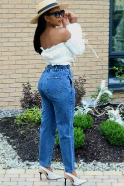 Trousers^SETSOFRAN London High Waist Shape Paperbag Jeans Medium Wash Denim Blue