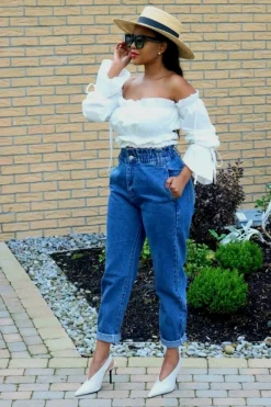 Trousers^SETSOFRAN London High Waist Shape Paperbag Jeans Medium Wash Denim Blue