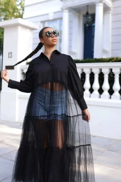 Midi Dresses^SETSOFRAN London Sheer Tulle Shirt Dress Black