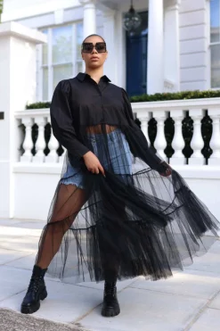 Midi Dresses^SETSOFRAN London Sheer Tulle Shirt Dress Black
