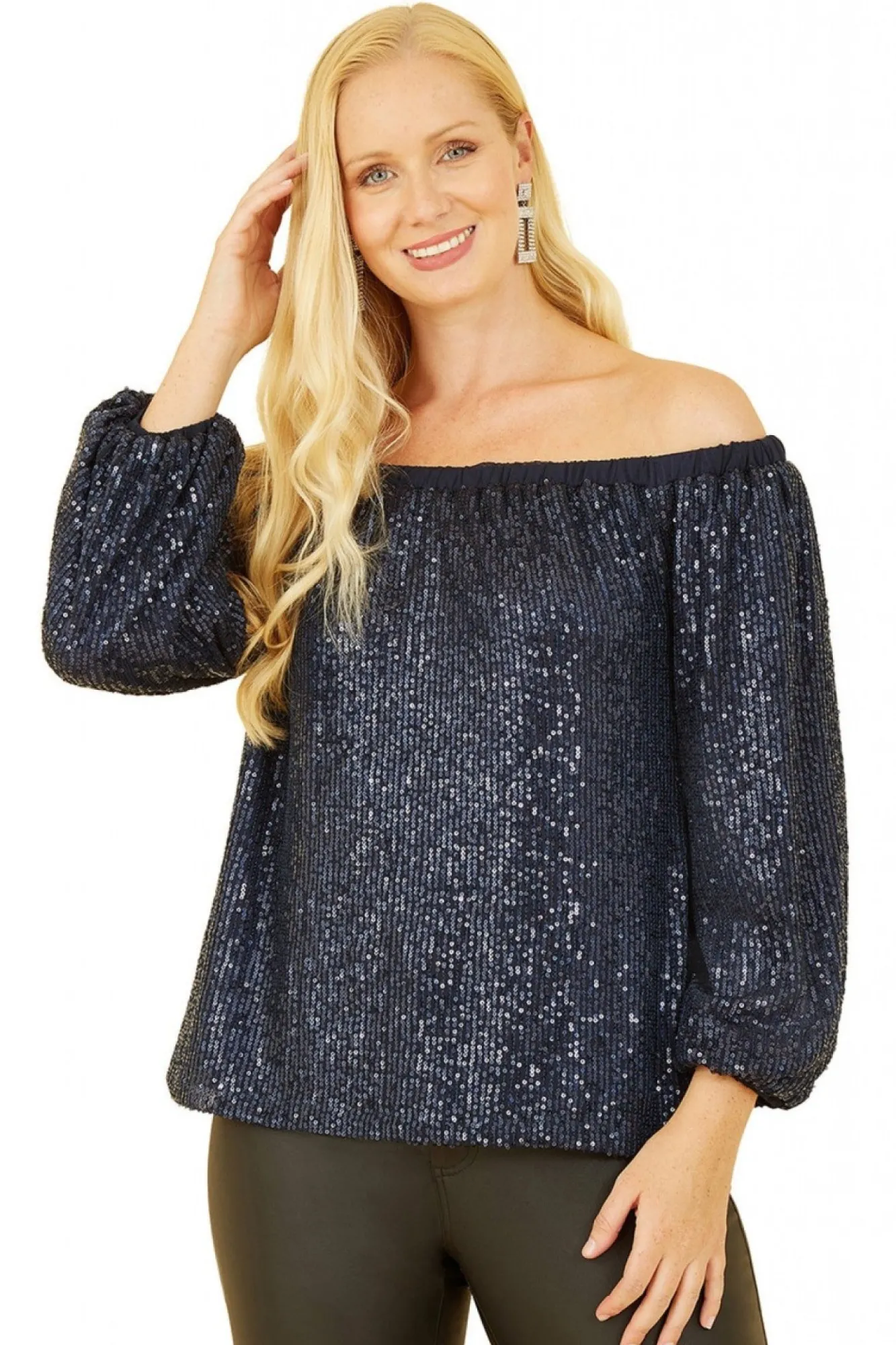 Blouses^Yumi All Over Sequin Bardot Long Sleeve Top Navy
