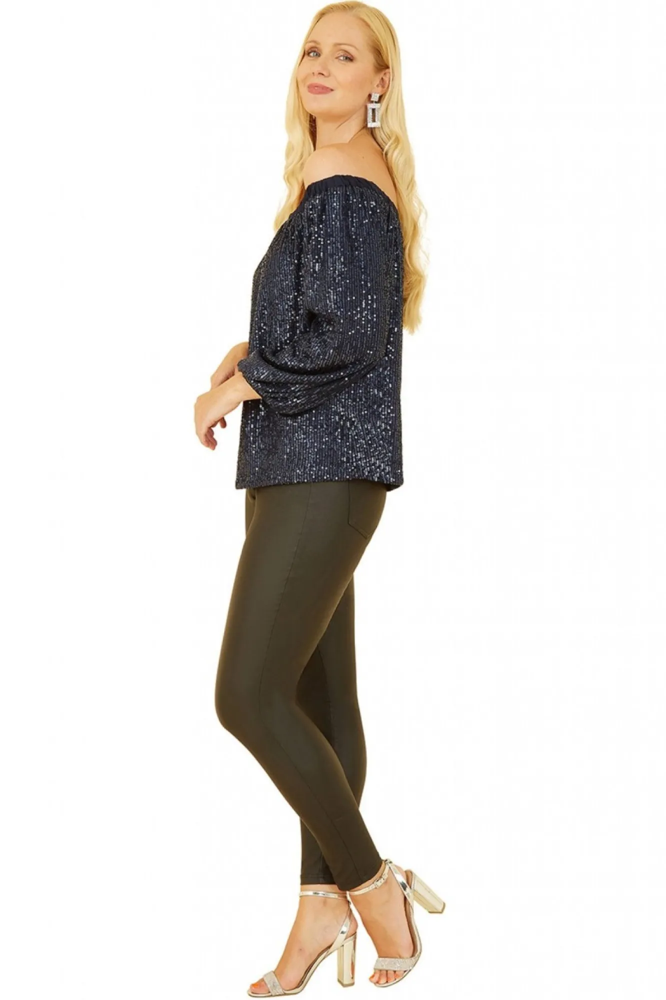 Blouses^Yumi All Over Sequin Bardot Long Sleeve Top Navy