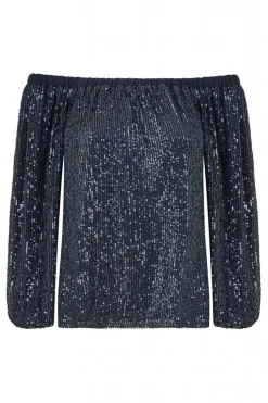 Blouses^Yumi All Over Sequin Bardot Long Sleeve Top Navy