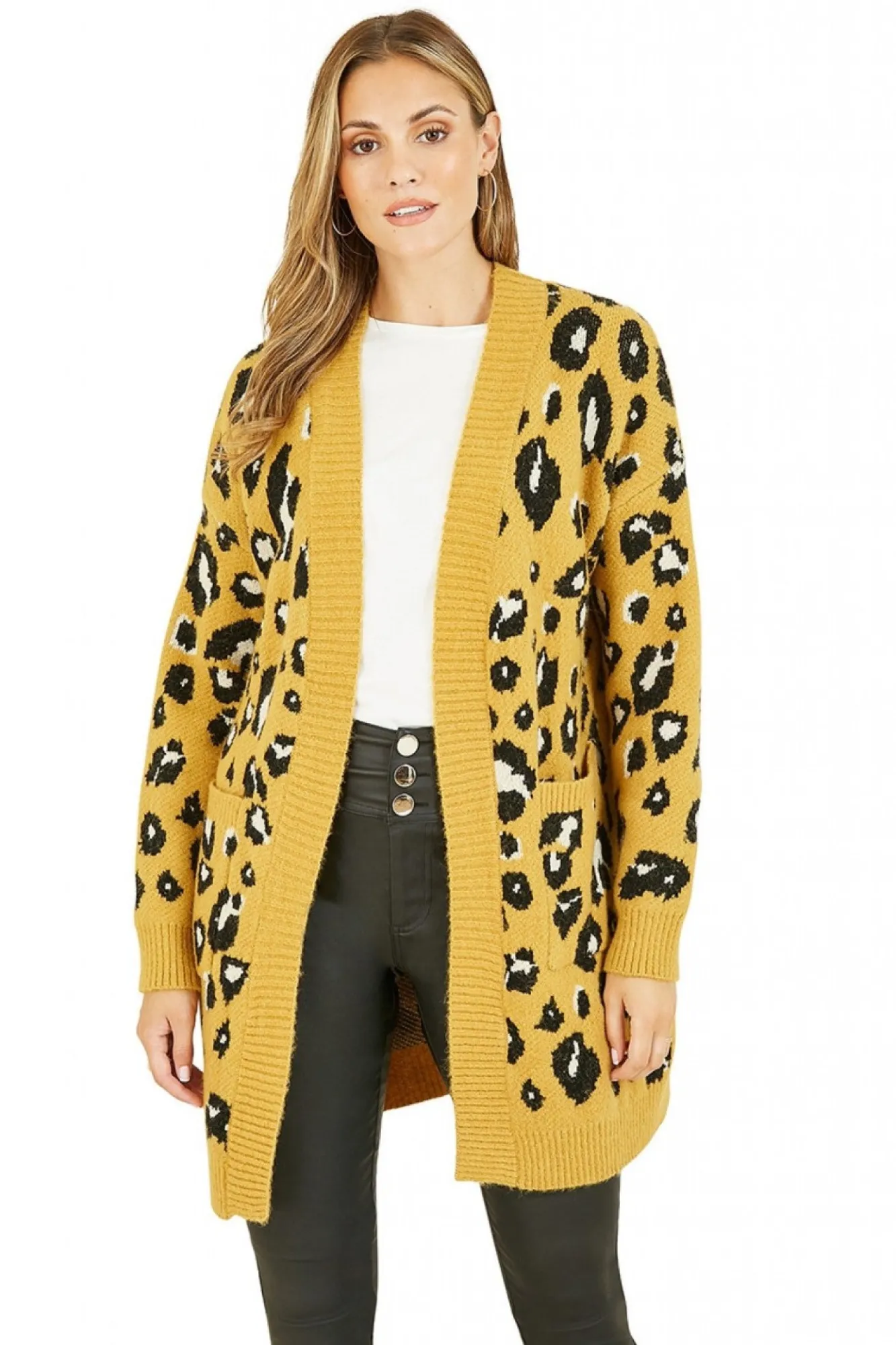 Cardigans^Yumi Animal Intarsia Long Cardigan Mustard