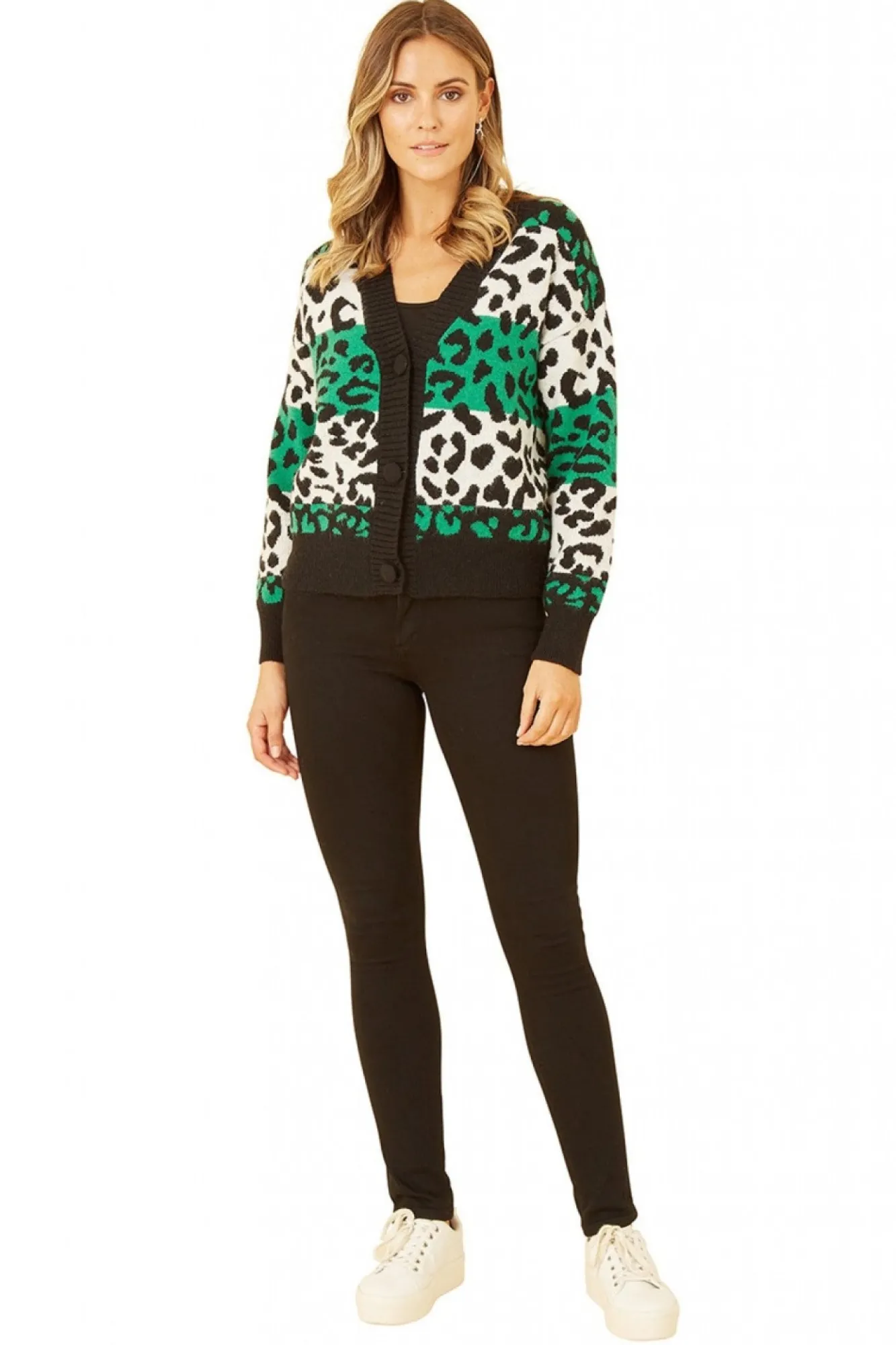 Cardigans^Yumi Animal Stripe Intarsia Knitted Cardigan Green