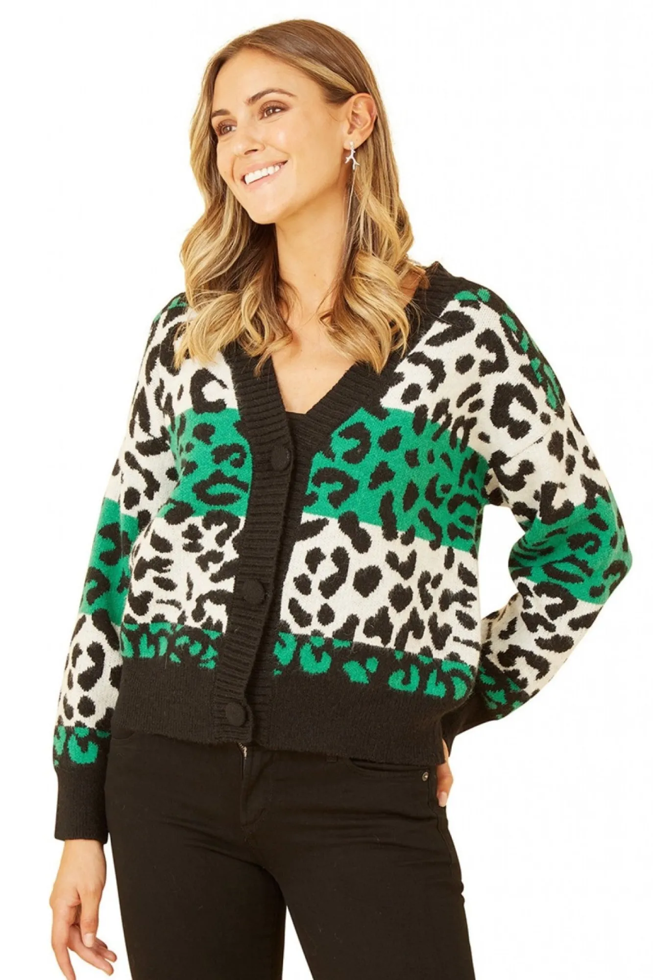 Cardigans^Yumi Animal Stripe Intarsia Knitted Cardigan Green