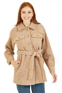 Outerwear^Yumi Button Down Shacket With Tie Belt Beige