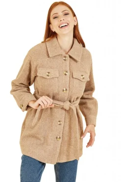 Outerwear^Yumi Button Down Shacket With Tie Belt Beige