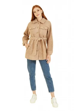 Outerwear^Yumi Button Down Shacket With Tie Belt Beige
