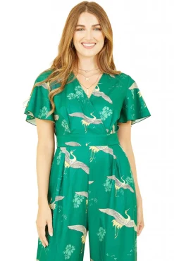 Jumpsuits^Yumi Crane Print Angel Sleeve Jumpsuit Green