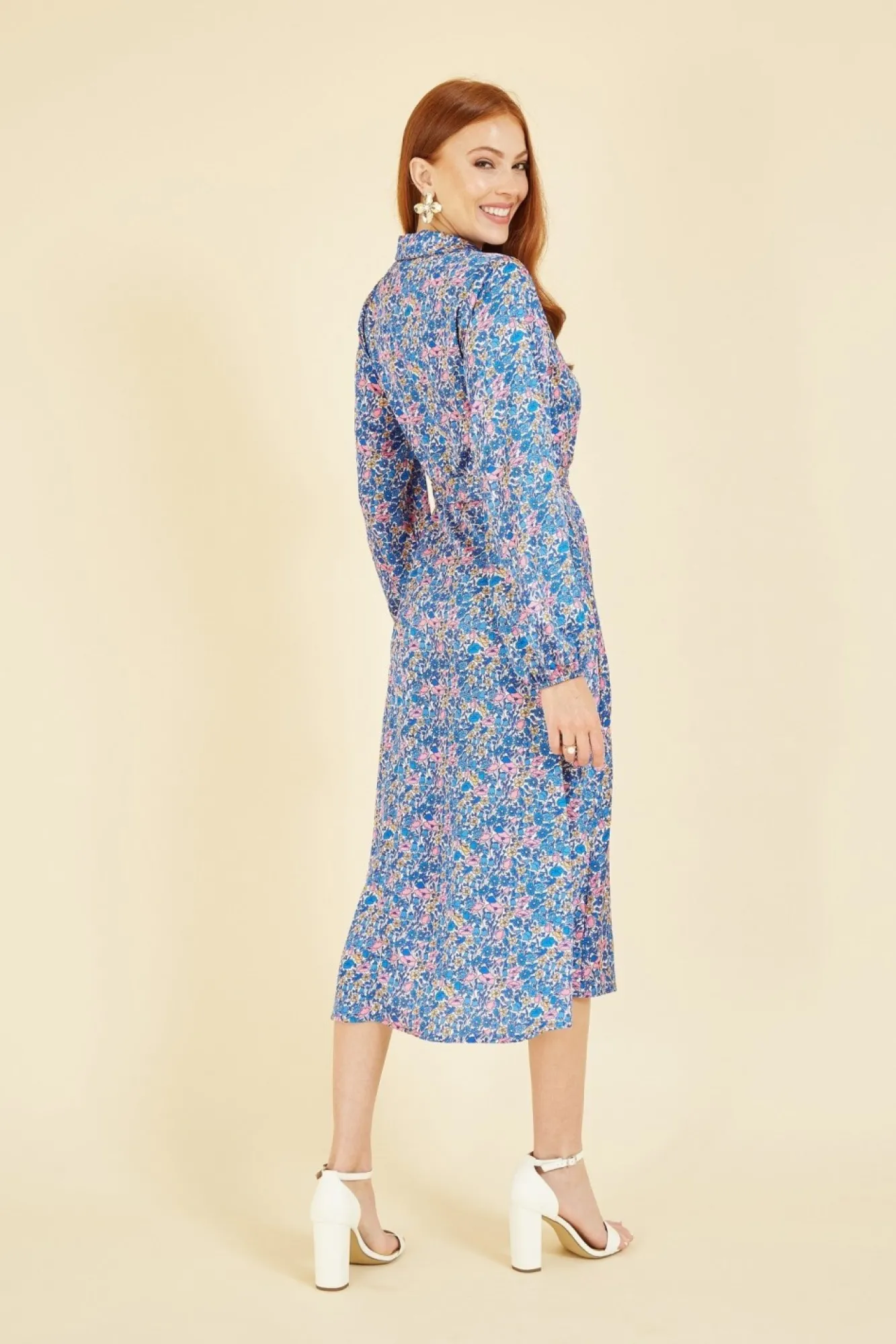 Midi Dresses^Yumi Ditsy Print Long Sleeve Midi Shirt Dress Blue