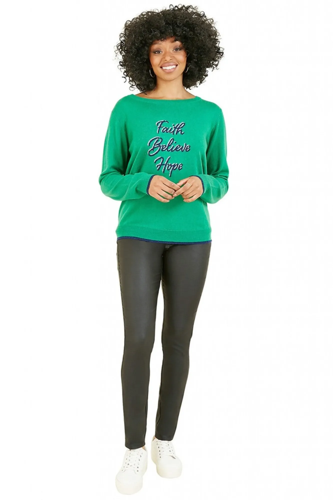 Jumpers^Yumi Faith Believe Hope Slogan Knitted Jumper Green