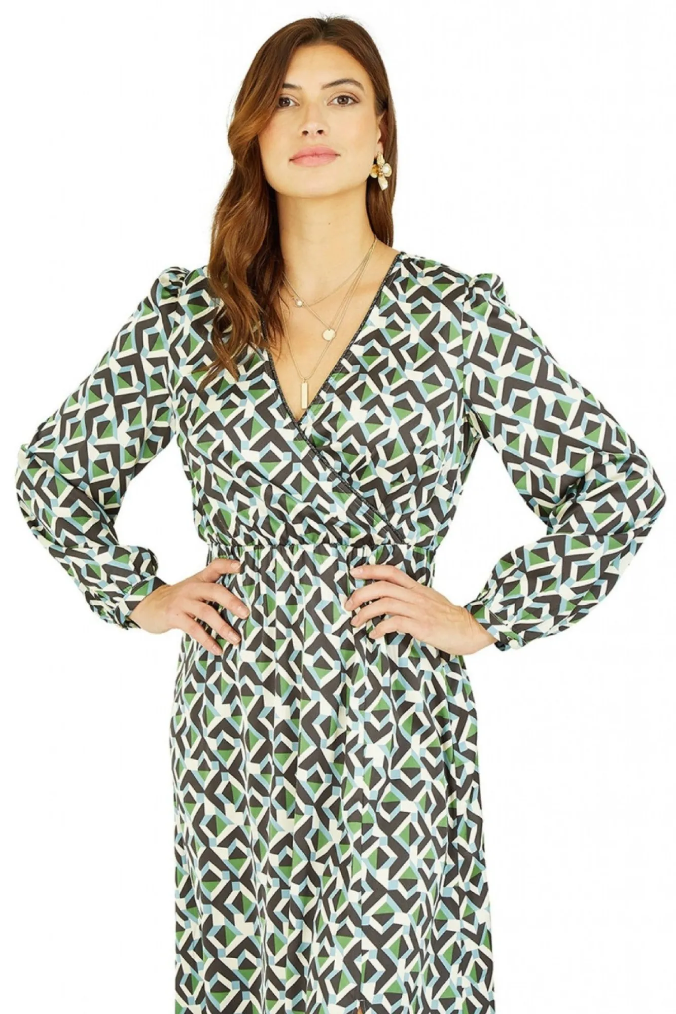 Midi Dresses^Yumi Geo Print Wrap Satin Midi Dress Green
