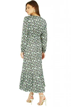 Midi Dresses^Yumi Geo Print Wrap Satin Midi Dress Green