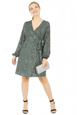 Mini Dresses^Yumi Green And Silver Stripe Sequin Wrap Dress Greensilver