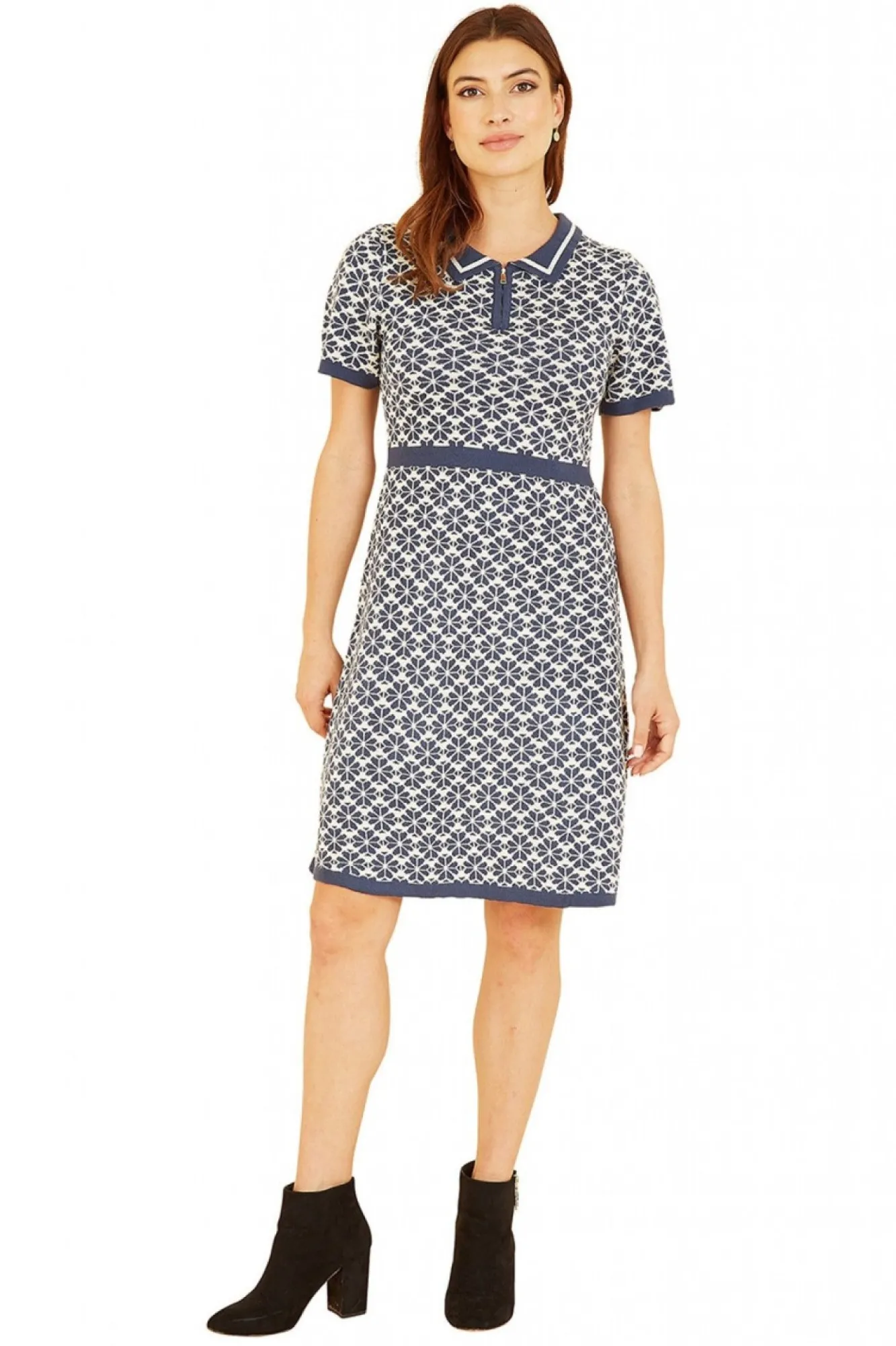 Mini Dresses^Yumi Intarsia Daisy Knitted Dress With Zip Collar Blue