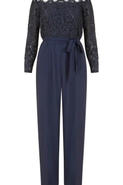Jumpsuits^Yumi Navy Lace Bardot 3/4 Sleeve Jumpsuit Blue