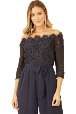 Jumpsuits^Yumi Navy Lace Bardot 3/4 Sleeve Jumpsuit Blue