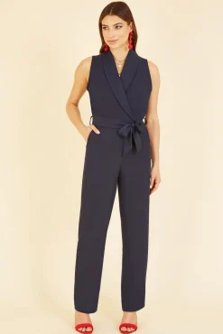 Jumpsuits^Yumi Navy Satin Wrap Front Jumpsuit Blue