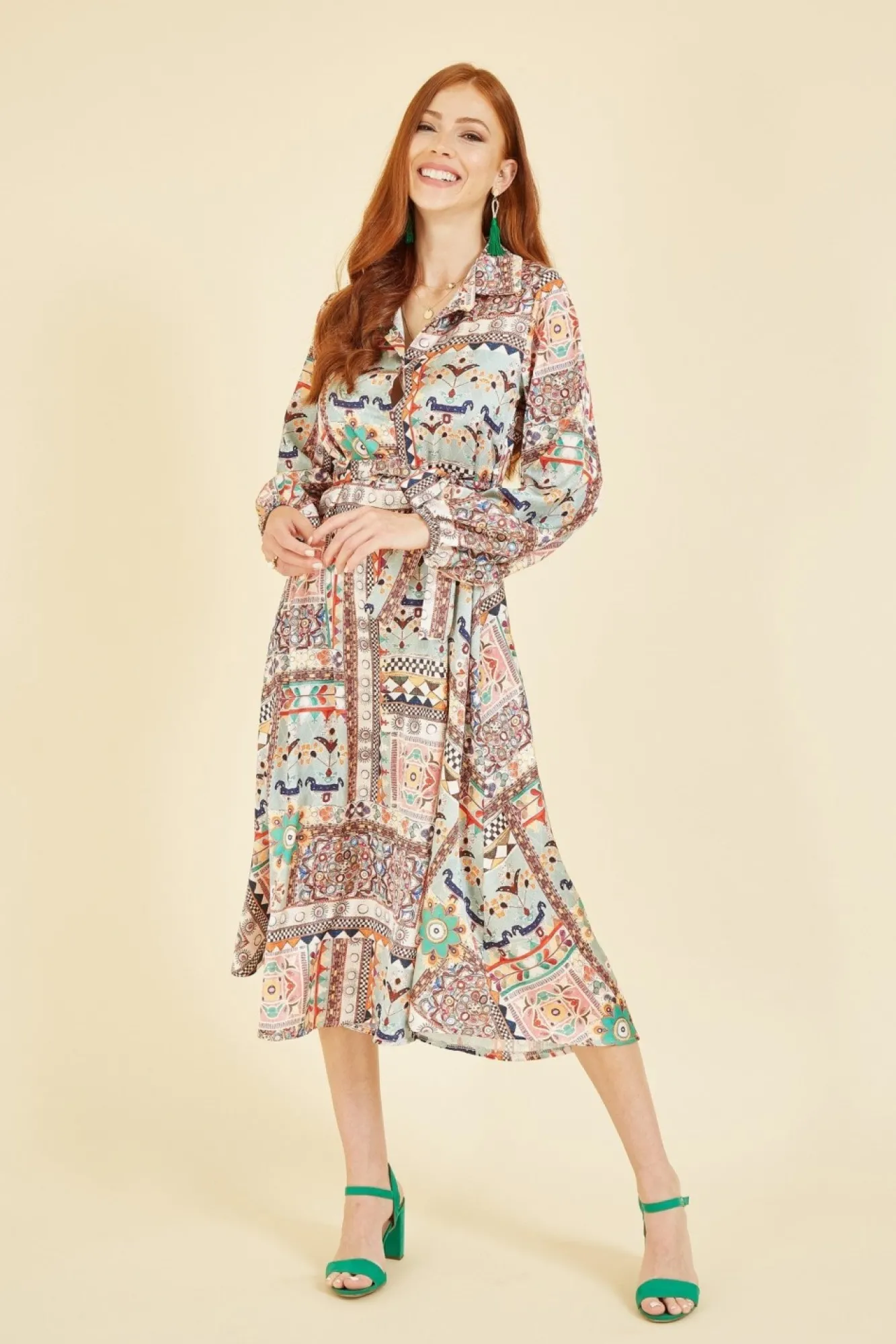 Midi Dresses^Yumi Patchwork Print Long Sleeve Shirt Dress Green