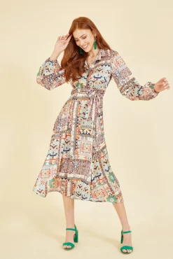 Midi Dresses^Yumi Patchwork Print Long Sleeve Shirt Dress Green