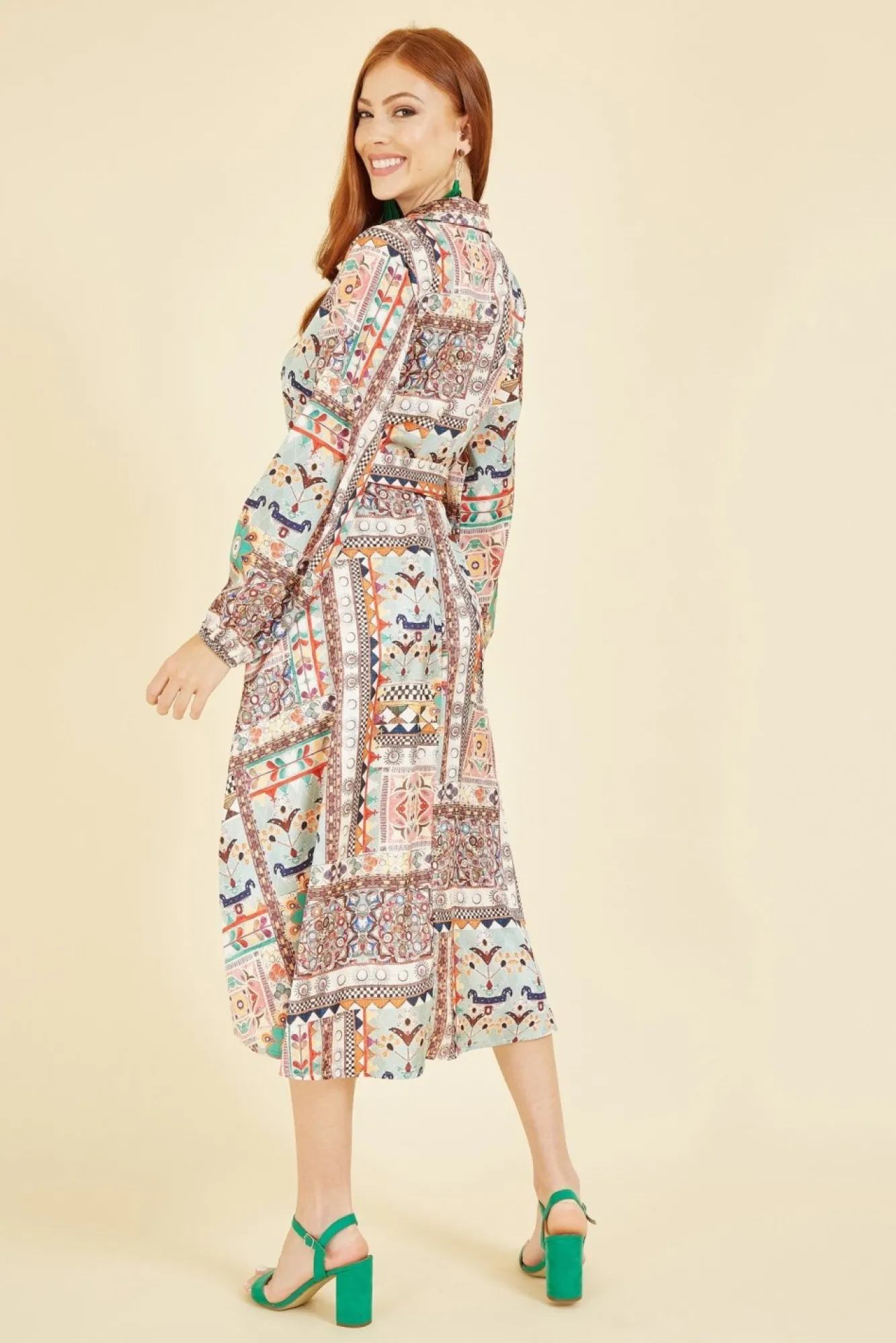 Midi Dresses^Yumi Patchwork Print Long Sleeve Shirt Dress Green
