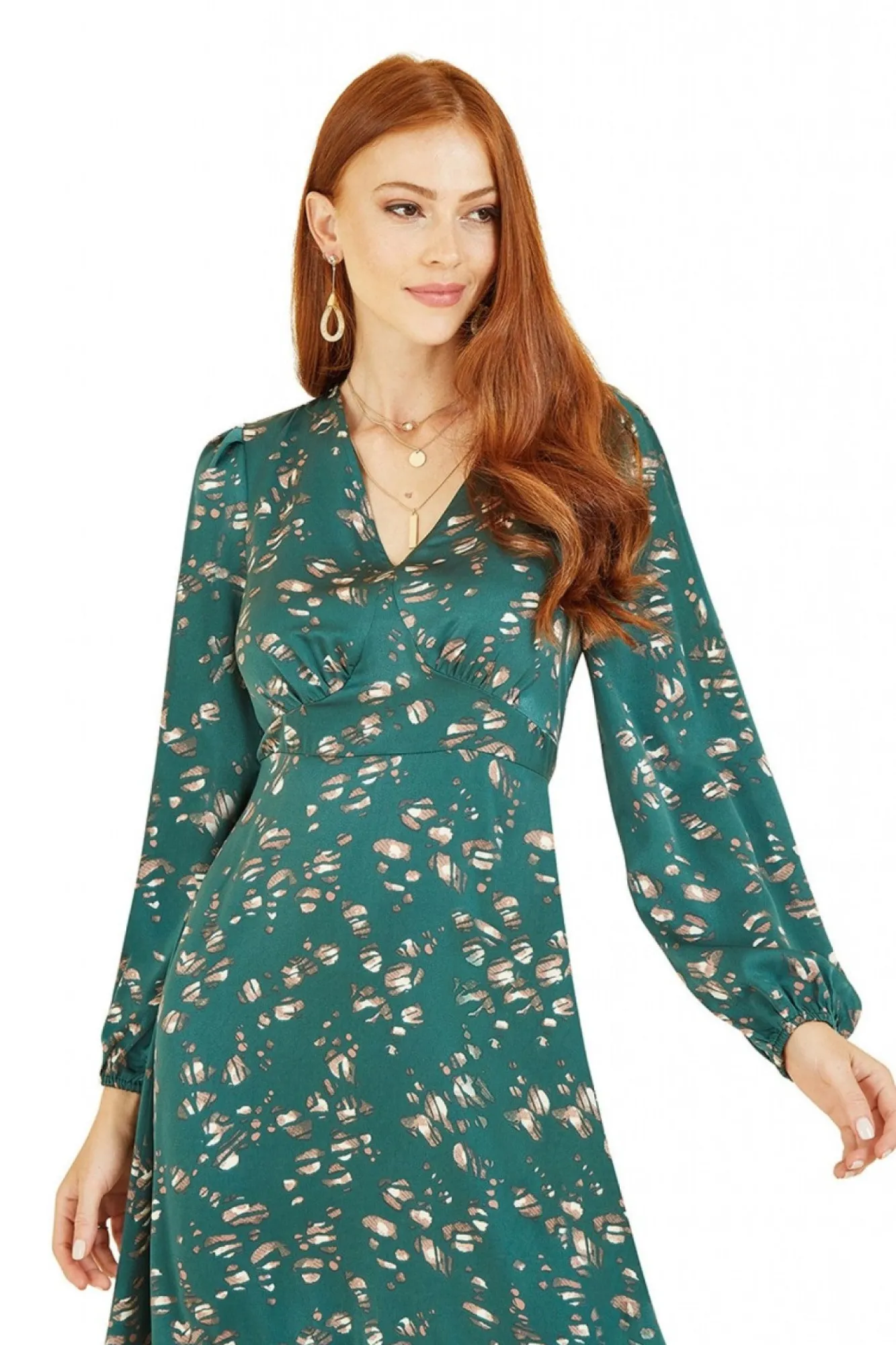 Midi Dresses^Yumi Pebble Print Long Sleeve Midi Dress Green