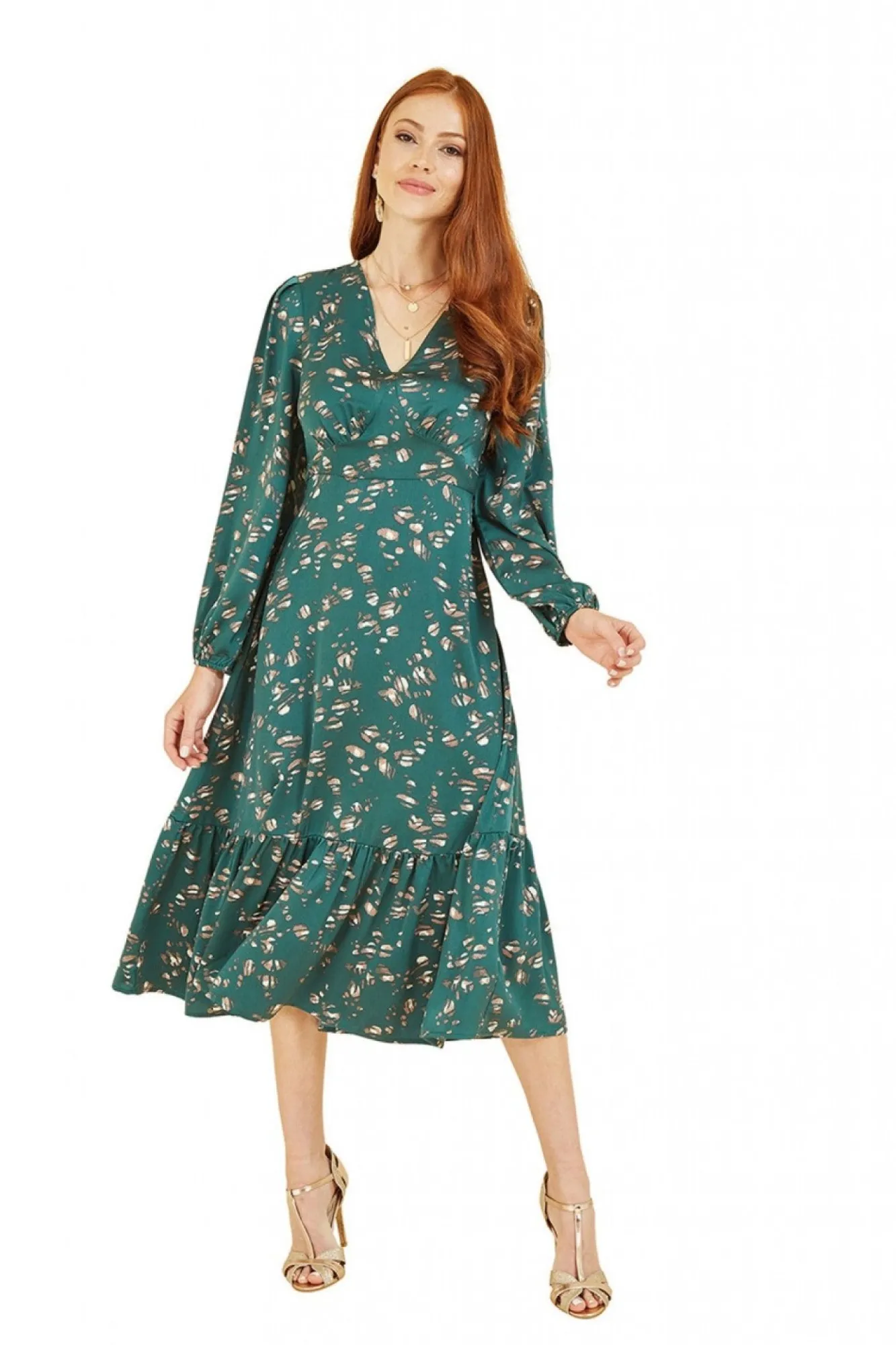 Midi Dresses^Yumi Pebble Print Long Sleeve Midi Dress Green