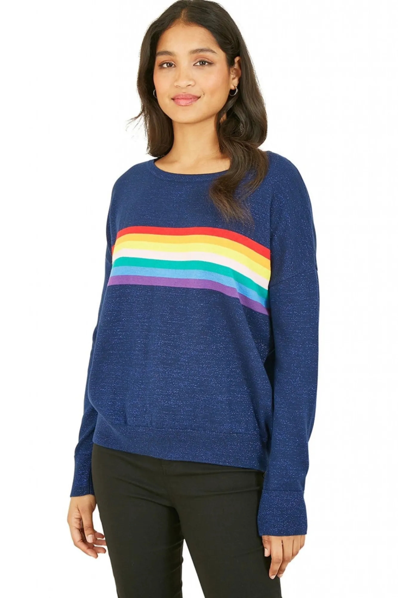 Jumpers^Yumi Rainbow Stripe Knitted Jumper Navy