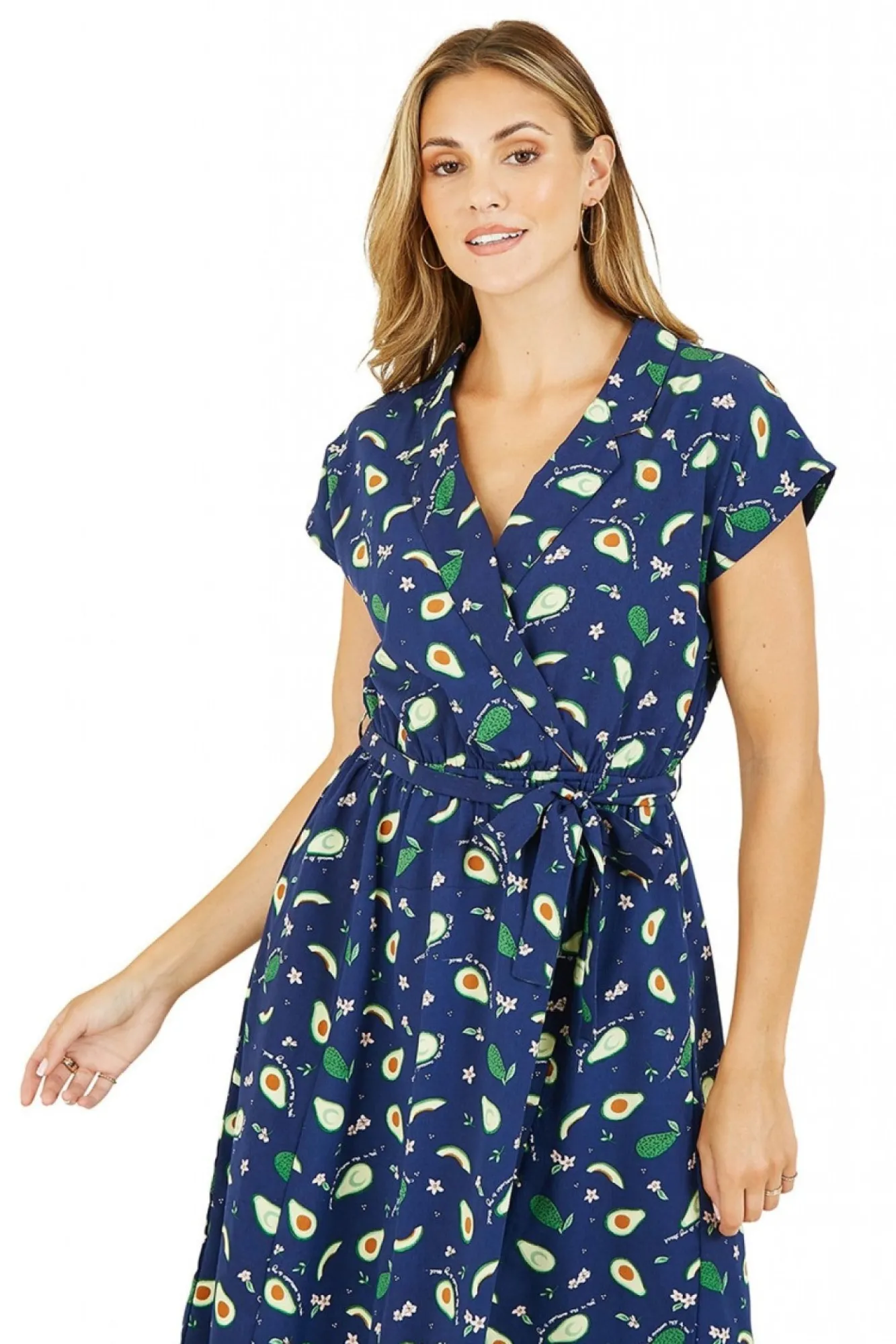Mini Dresses^Yumi Recycled Avocado Print Wrap Over Dress With Pockets Blue