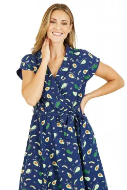 Mini Dresses^Yumi Recycled Avocado Print Wrap Over Dress With Pockets Blue