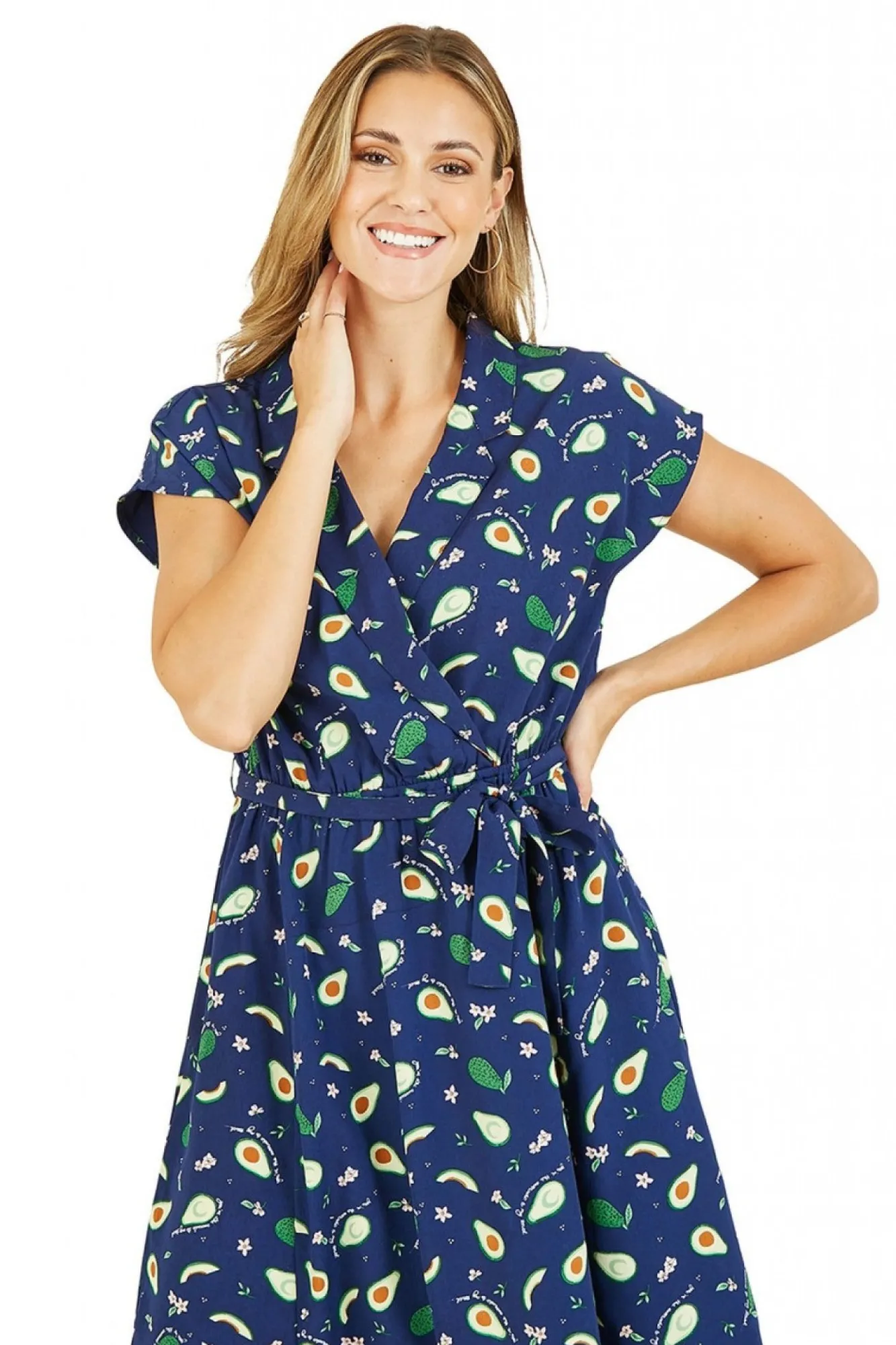 Mini Dresses^Yumi Recycled Avocado Print Wrap Over Dress With Pockets Blue
