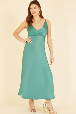 Midi Dresses^Yumi Satin Strappy Wrap Dress Green