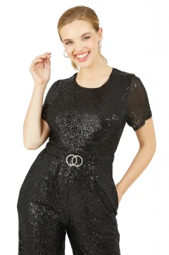 Jumpsuits^Yumi Sequin Jumpsuit Gold Buckle Detail Belt Black